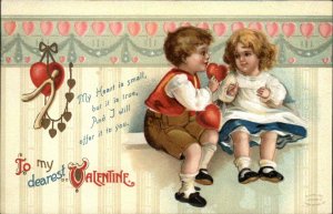 Valentine Cute Kids Boy Gives Heart to Little Blonde Girl c1910 Vintage Postcard