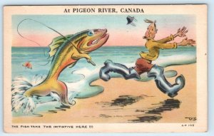 PIGEON RIVER, ONTARIO Canada ~ Fishing Comic EXAGGERATION 1930s-40s  Postcard