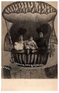 RPPC Postcard Sailing Over Hot Springs Two Women Baby Hot Air Balloon Portrait