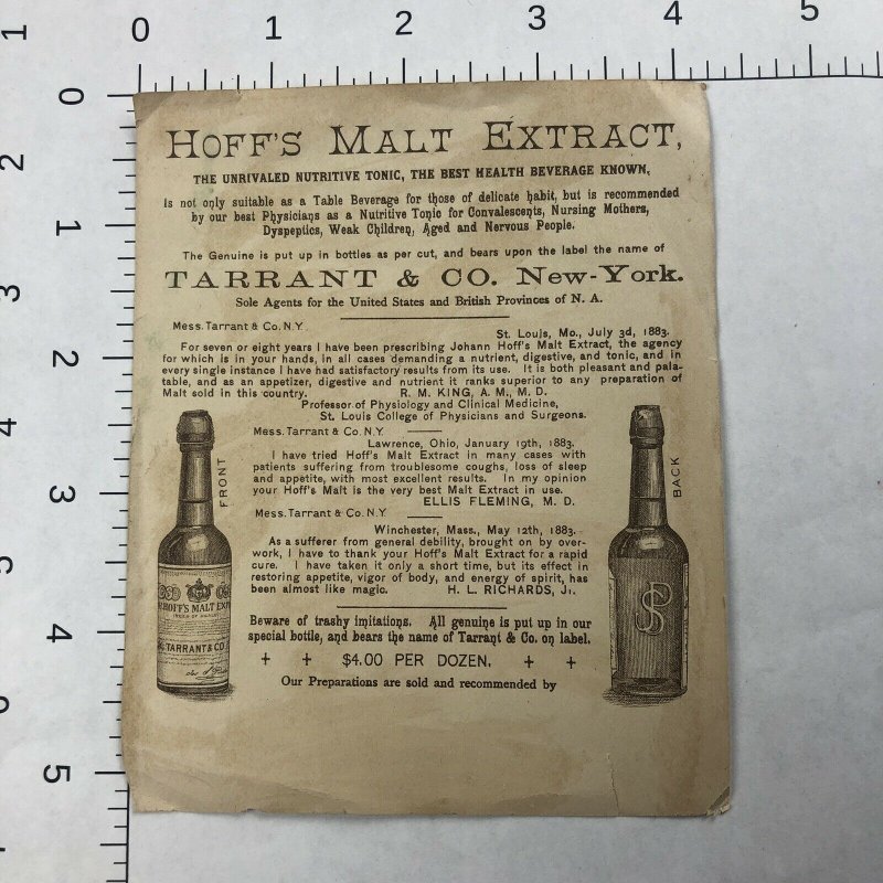 RARE Tarrant's Effervescent Seltzer Aperient ADVERTISING HOFFS MALT TRADE CARD  