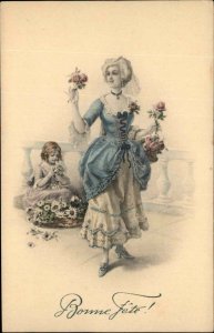 Art Nouveau France Birthday Beautiful French Woman And Girl c1910 Postcard