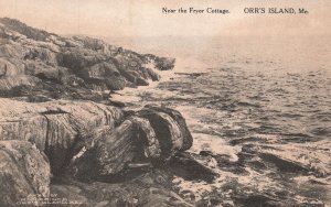 Vintage Postcard Near The Fryer Cottage Big Rocks Surf Waves Oor's Island Maine