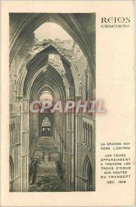 Old Postcard Reims cathedral the nave Towards Entree towers appear through th...