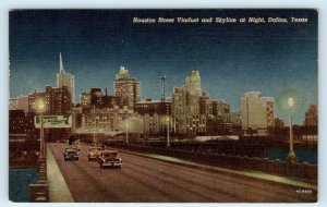 DALLAS, TX Texas ~ SKYLINE~ Houston Street VIADUCT ~ c1950s Cars Linen Postcard