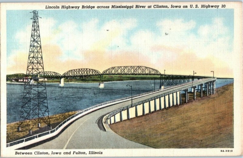 Lincoln Highway Bridge across Mississippi River at Clinton Iowa Postcard Posted