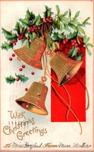 Merry Christmas With Gold Bells and Holly 1911 International Art Publishing