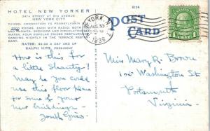 NEW YORK CITY, NY    HOTEL  NEW  YORKER   1936  Kropp  Linen   Postcard