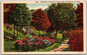 Waukegan Illinois ILL, Entrance To Grand Avenue Park, Flowers, Vintage Postcard