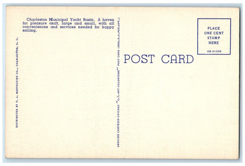 View Of Charleston Municipal Yacht Basin South Carolina SC Vintage Postcard 