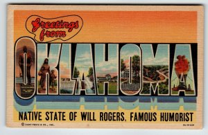 Greetings From Oklahoma Postcard Large Letter Curt Teich State Of Will Rogers