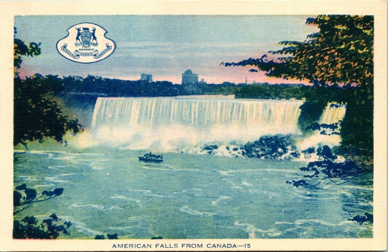 American Falls From Canada Ontario Niagara Parks Commission WB Postcard VTG UNP  