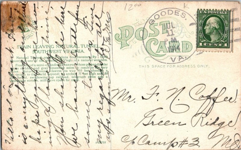 Train Leaving Natural Tunnel Southwest Virginia Postcard Goode VA 1914 KJ2