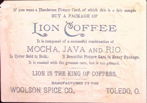 c1880 LION COFFEE MOCHA JAVA TOLEDO OH SCENIC EMBOSSED VICTORIAN TRADE CARD Z208