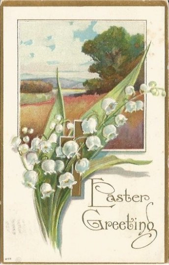 White Lily Of The Valley with Gold Christian Cross over Spring Meadow Scene