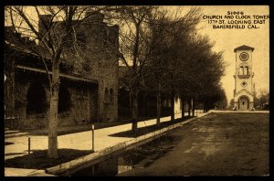 ABRO US Post Card Church and Clock Tower Bakersfield Ca. 17th St. Looking East