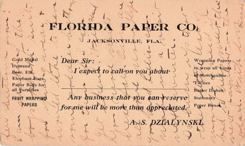 FL Jacksonville Florida-Florida Paper Co.-Adverising Vintage c1911 Postcard (E4)