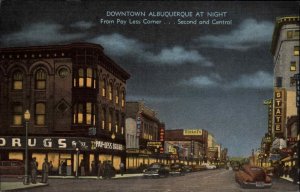 Albuquerque New Mexico NM Downtown at Night Neon Signs Vintage Postcard