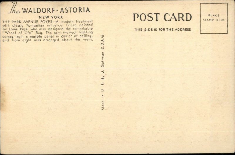 New York City Waldorf-Astoria Park Ave Foyer c1915 Postcard