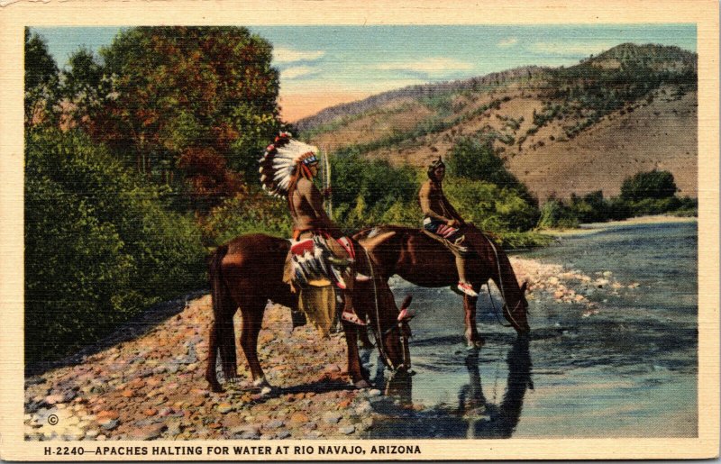Vtg Apaches Halting For Water at Rio River Horses Navajo Arizona Linen Postcard