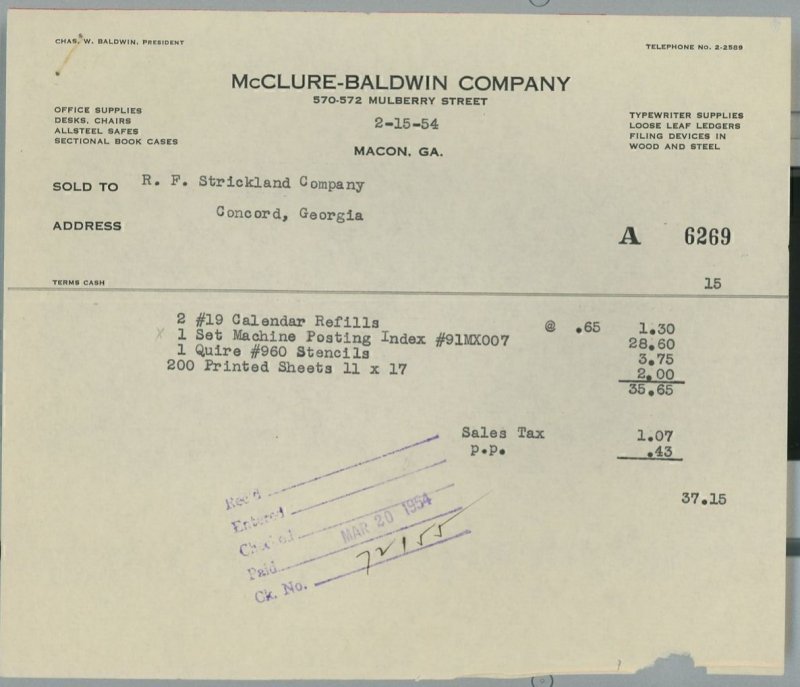 1954 McClure-Baldwin Company Mulberry Street Macon GA Office Suppies Invoice 242