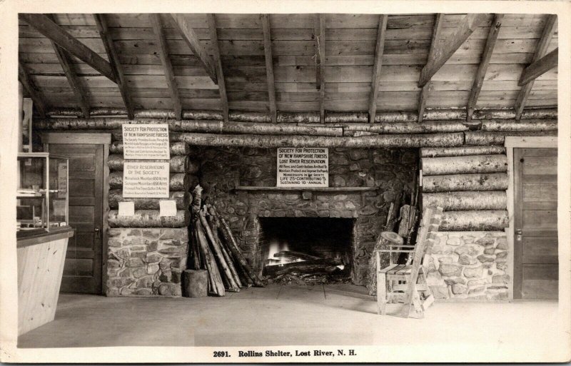 Vtg Lost River New Hampshire NH Rollins Shelter Interior Fireplace RPPC Postcard