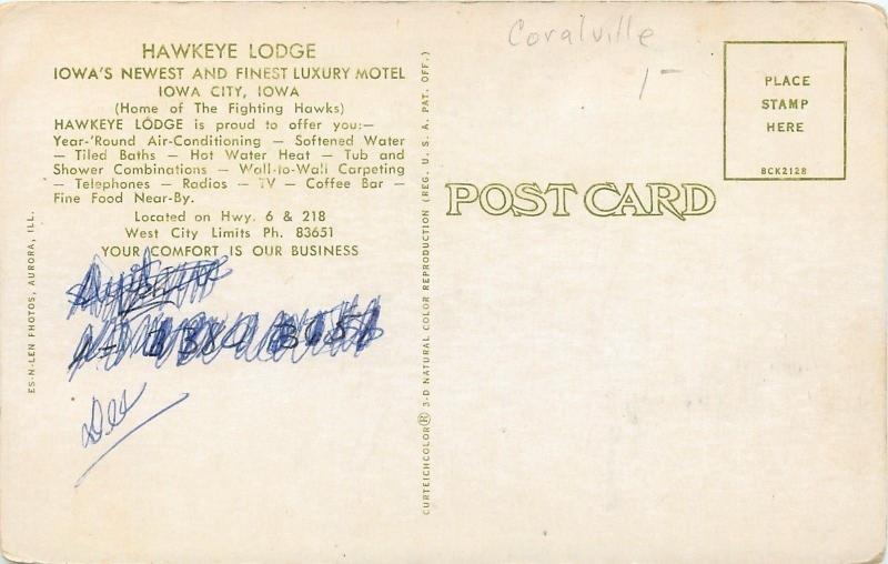 Iowa City Iowa~Coralville~Hawkeye Lodge~Luxury Motel~1958 Postcard