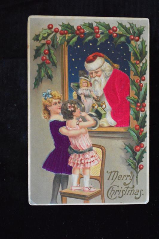 Christmas Santa Claus Silk Suit, Silk Dress Girls Doll Embossed Postcard