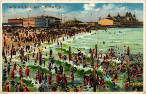 PC CPA US, NY, NEW YORK, BATHING AT CONEY ISLAND, LITHO POSTCARD (b6467)