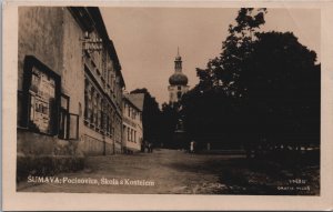 Czech Republic Sumava Pocinovice Skola s Kostelem Vintage RPPC C128