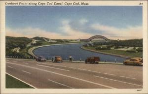 Cape Cod Canal - Lookout Point & Cars - Linen Postcard