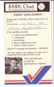 Election Campaign Chad Bark, Progressive Conservative, Toronto, Ontario, July 8