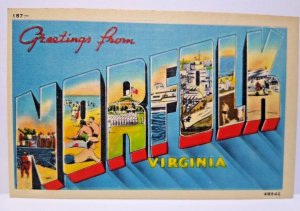 Greetings From Norfolk Virginia Large Big Letter Linen Postcard Metropolitan