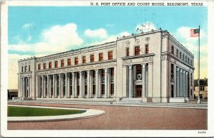 Cartão postal TX Beaumont EUA Correios e Casa do Tribunal Bandeira Americana LINHO 1938 S48-