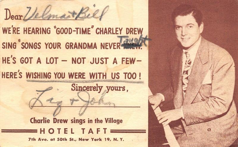 New York City~Hotel Taft~Good-Time Charlie Drew Sings~TV in Many Rooms~1949  