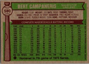 1976 Topps Baseball Card Bert Campaneris Oakland Athletics sk13373
