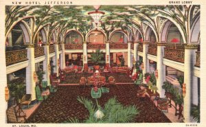 St. Louis Missouri, New Hotel Jefferson Interior Grand Lobby, Vintage Postcard