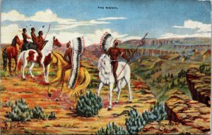 Vtg Cowboy Artist LH Dude Larsen Painting The Signal Native American Postcard