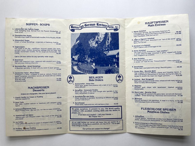 Vintage 70s Bavarian German Restaurants Inc Dinner Menu