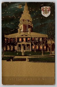 State House Annapolis MD At Night Gilded Maryland Postcard C33