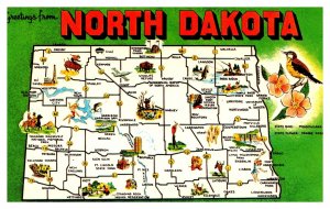 Postcard ND Map - North Dakota pictoral map card with state flower and bird