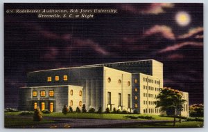 Greenville SC~Auditorium By Night @ Bob Jones University~Vintage Linen Postcard