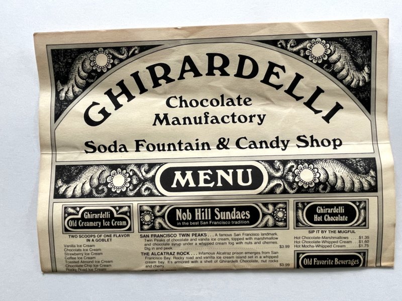Vintage 70s GHIRARDELLI CHOCOLATE  Soda Fountain Candy Shop Menu San Fransisco