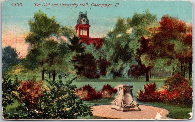 1920's Sun Dial and University Hall Champaign Illinois IL Posted Postcard
