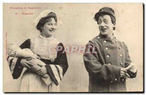 Old Postcard Fantaisie Pioupiou Army nurse and Riposte Doll