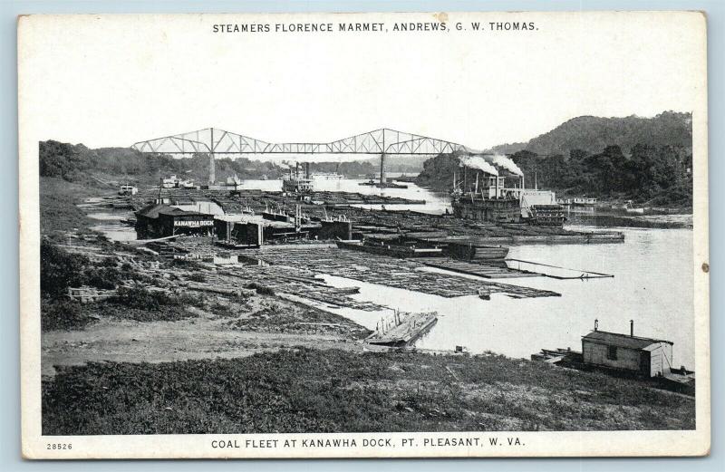  Postcard WV Point Pleasant River Steamers Coal Fleet at Kanawha Dock c1920s S20