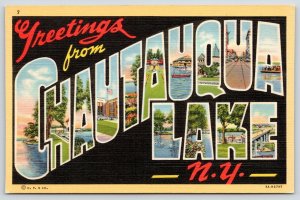 Chautauqua Lake New York~Large Letter Linen Postcard~Main Street~Black Back~1937