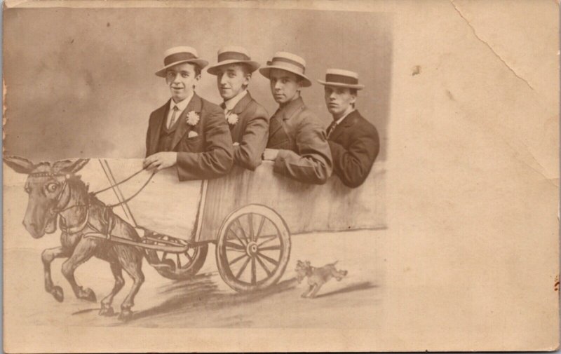 Real Photo Studio Postcard Four Well Dressed Men Donkey Pulled Wagon Providence