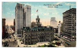 1910s Fort Street, looking West, Detroit, MI Postcard *5N24