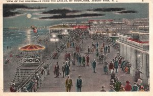 Vintage Postcard 1929 Boardwalk From Arcade Moonlight Asbury Park New Jersey NJ