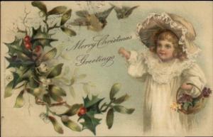 Christmas - Sweet Little Girl Feeding Birds c1910 Postcard